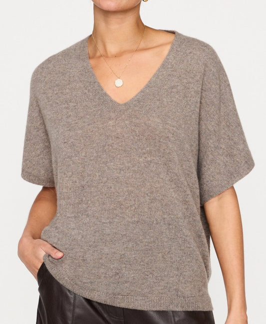 Grey Plain V-Neck Short Sleeve Sweater