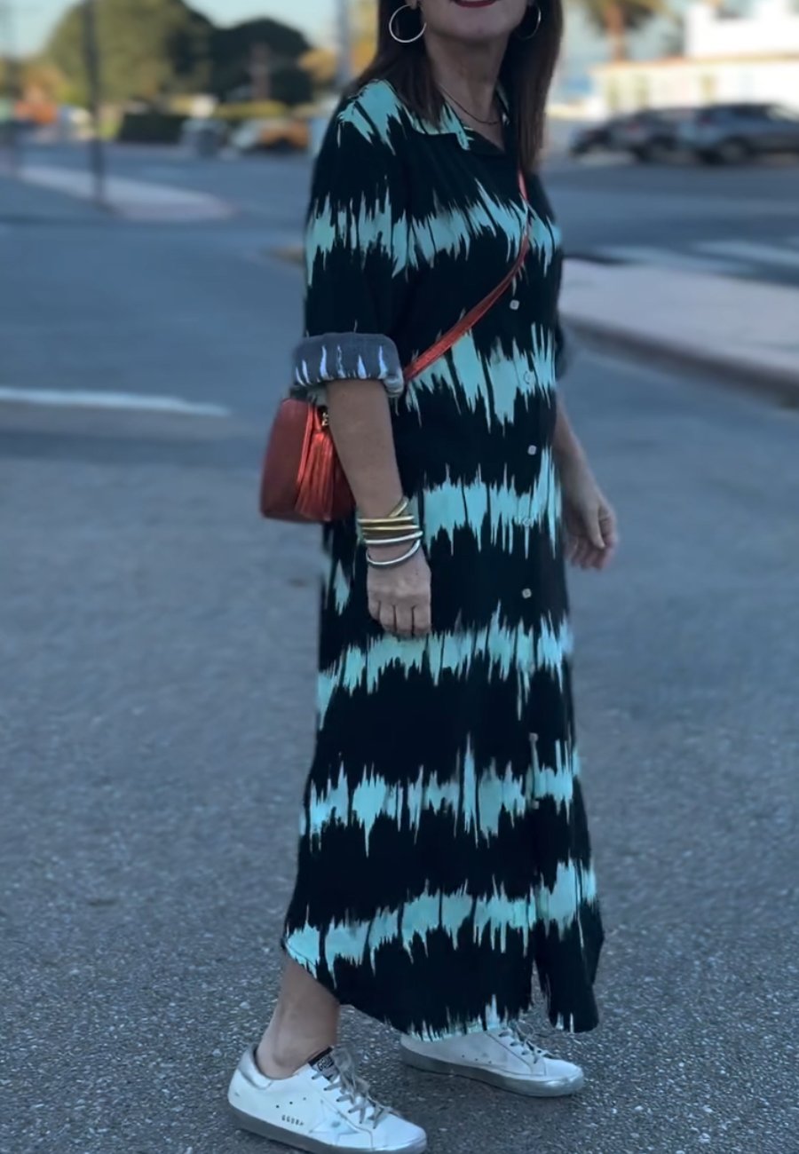 Unique V-Neck Button Long Sleeve Maxi Dress