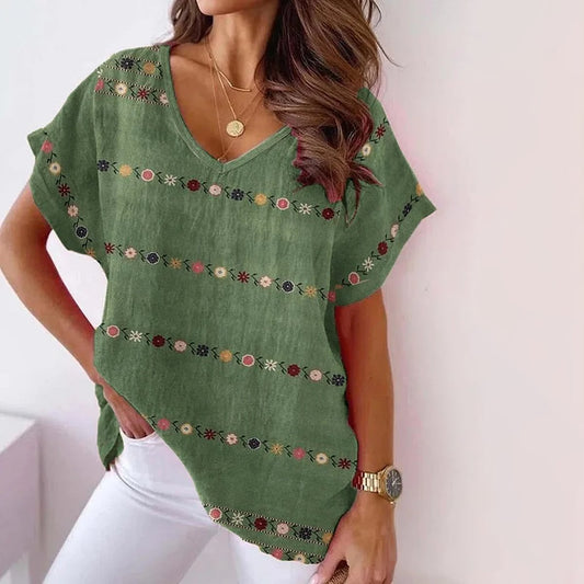 Green V-Neck Short Sleeve Top