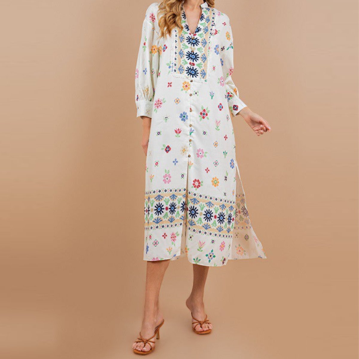 Embroidery Print 3/4 Sleeve Midi Dress