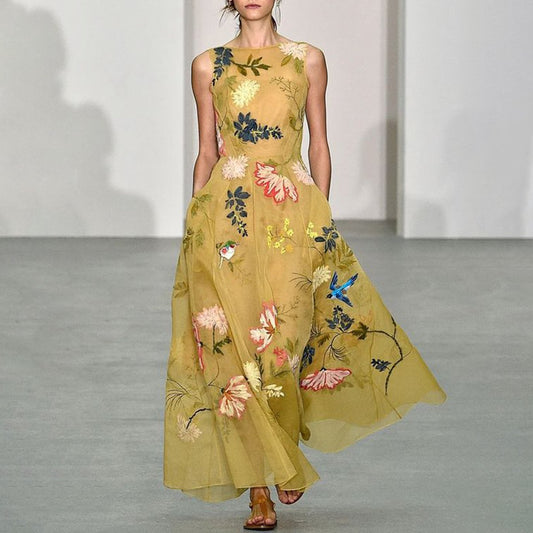 Yellow Floral Print Round Neck Maxi Dress