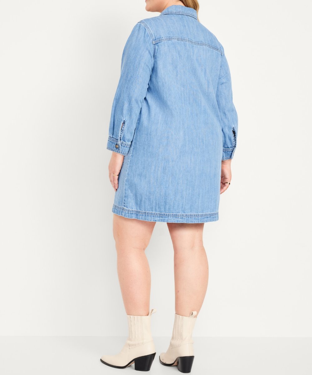 Blue Plain Collared Denim MIni Dress