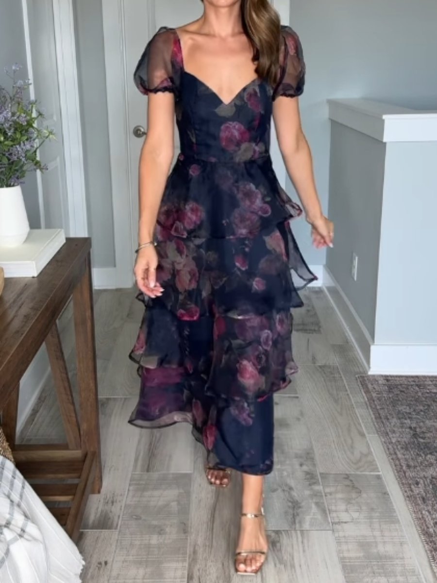 Chic Navy Fall Floral Party Maxi Dress