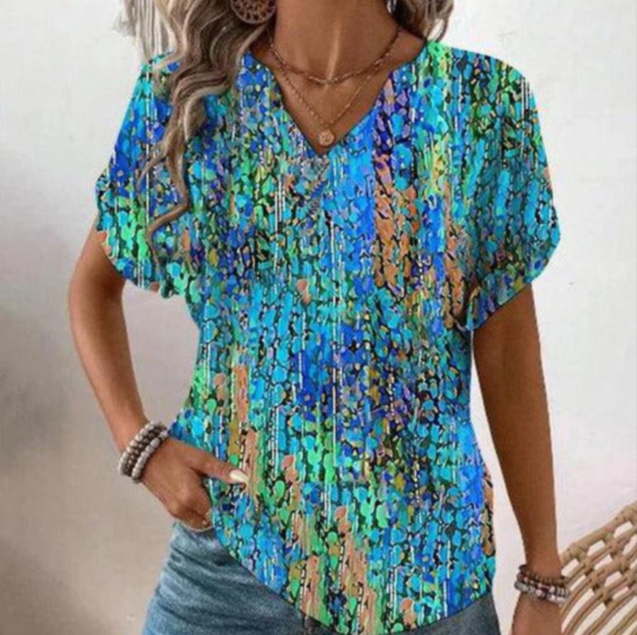 Dreamy Print Short Sleeve V-Neck Top