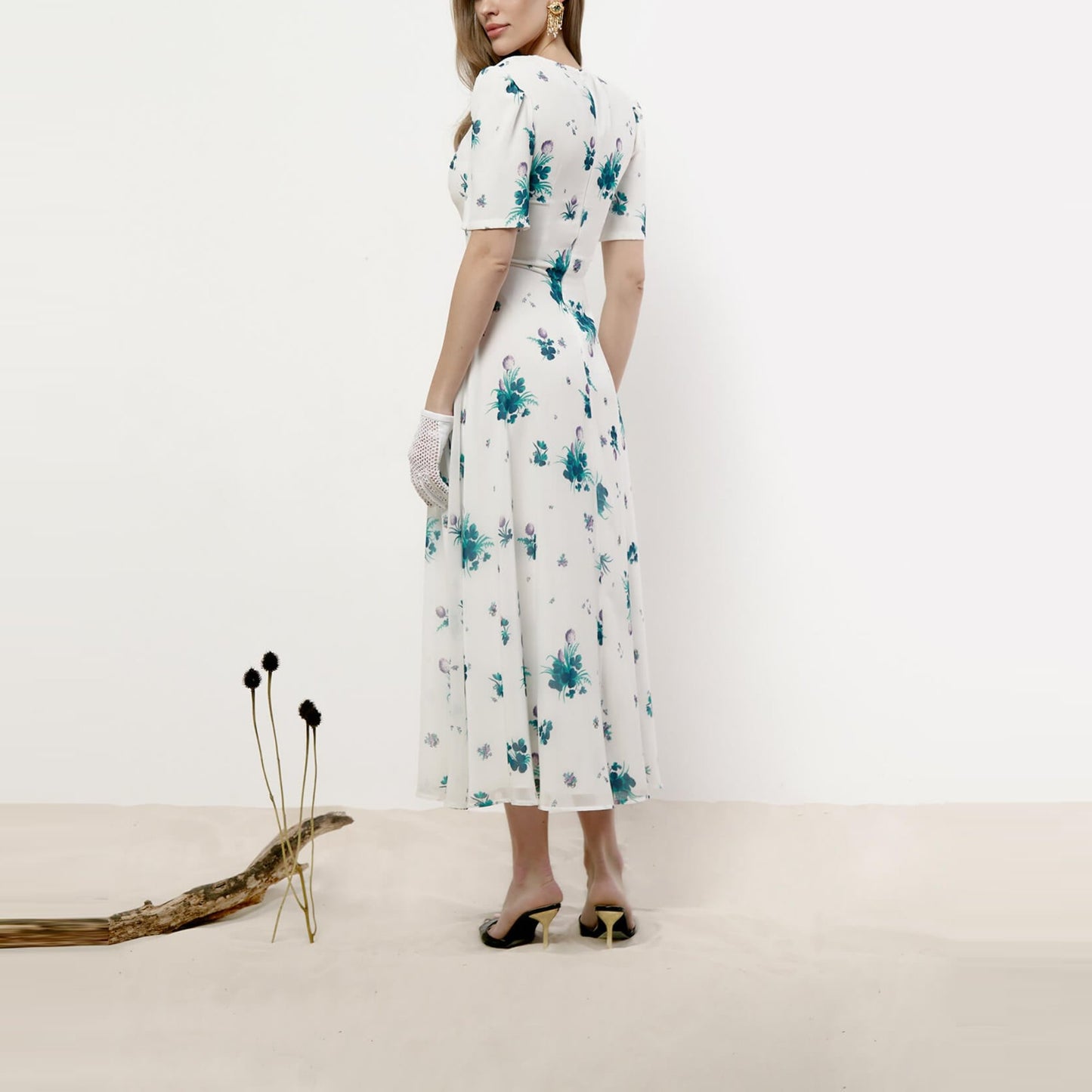 Round Neck Short Sleeve Floral Midi Dress