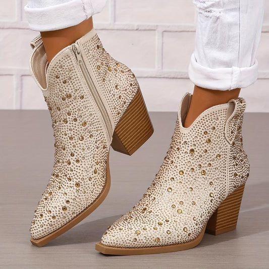 Rhinestone Decor Pointed Toe Chunky Heeled Cowboy Boots