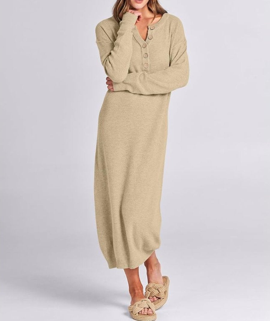 Long Sleeve Button Waffle Knit Fall Dress