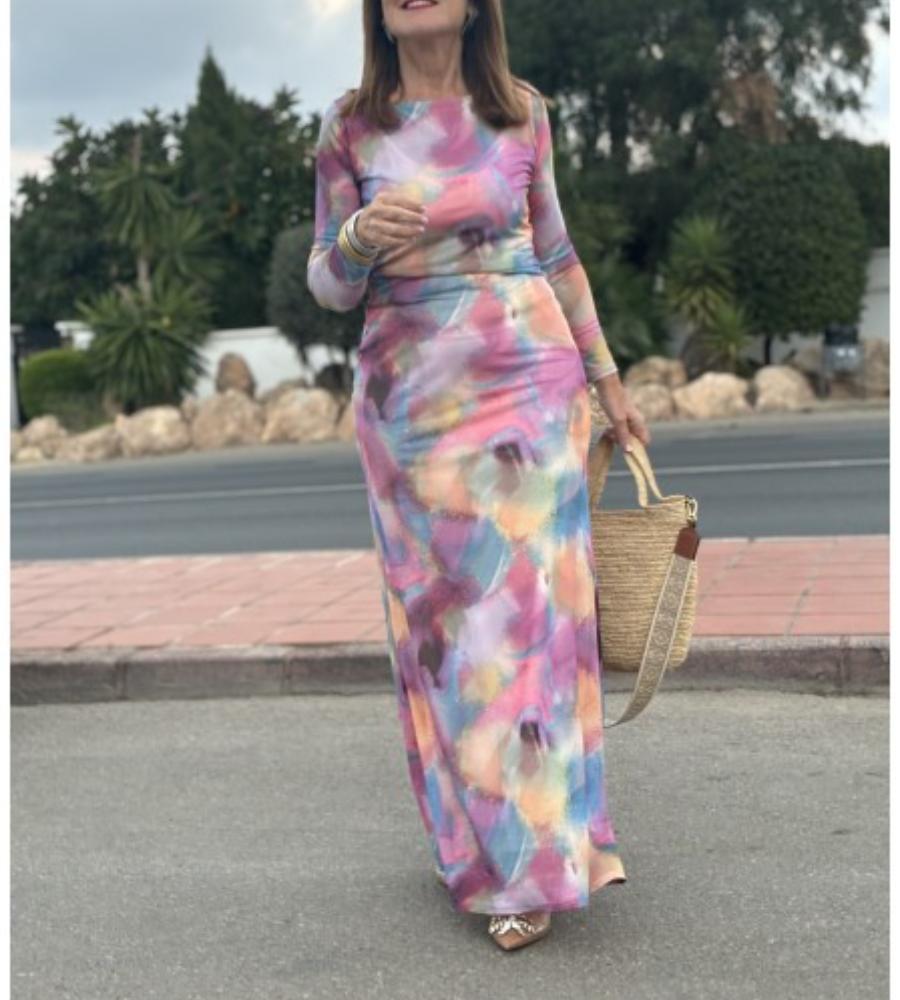 Bright Color Block Round Neck Long Sleeve Maxi Dress