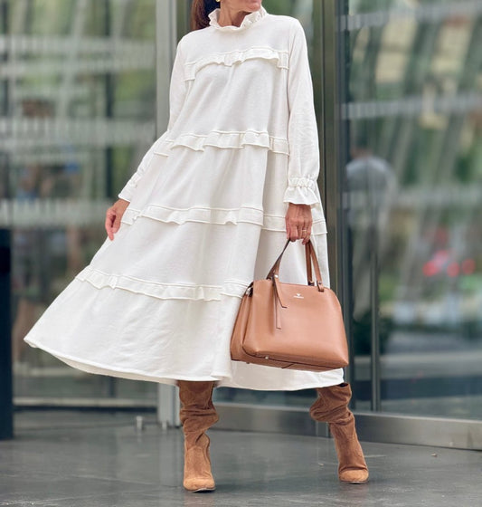 White Side Pocket Long Sleeve Midi Dress