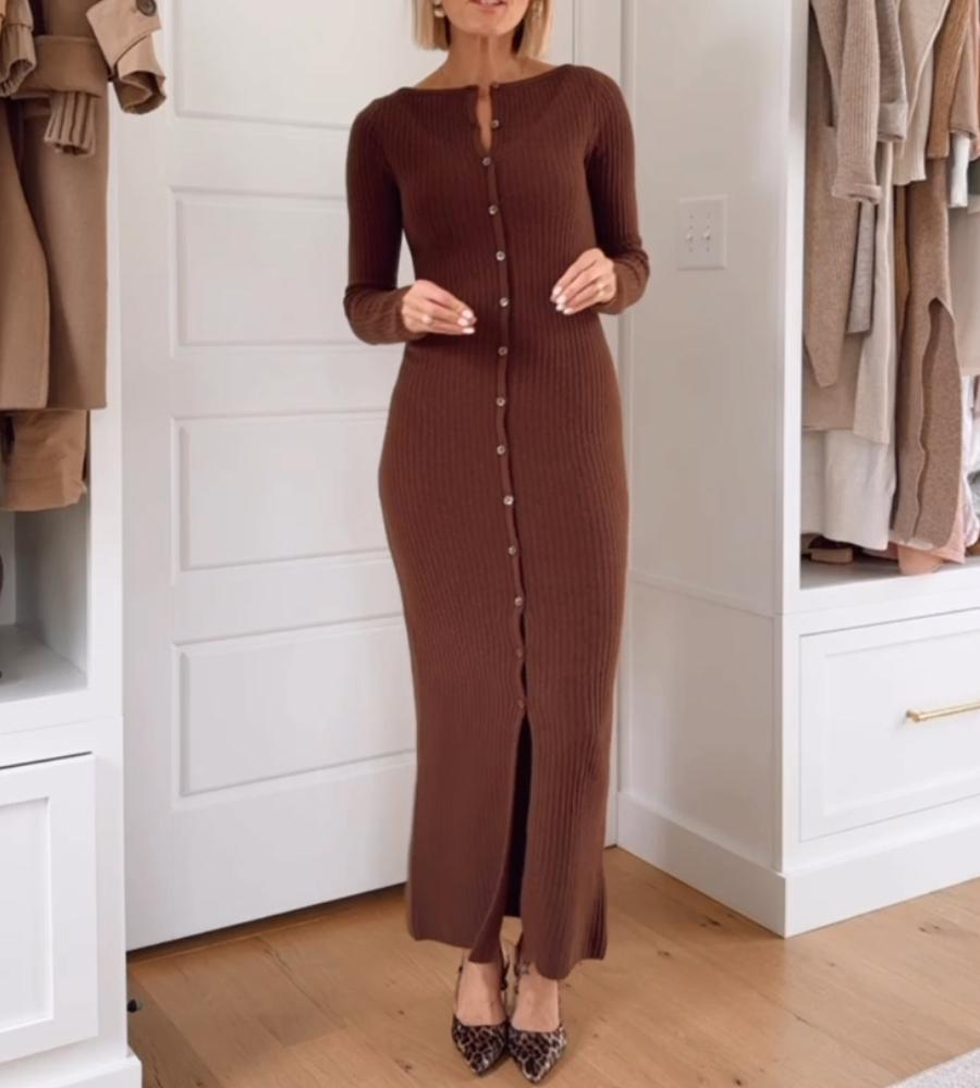 Stylish Long-Sleeve Button Maxi Sweater Dress