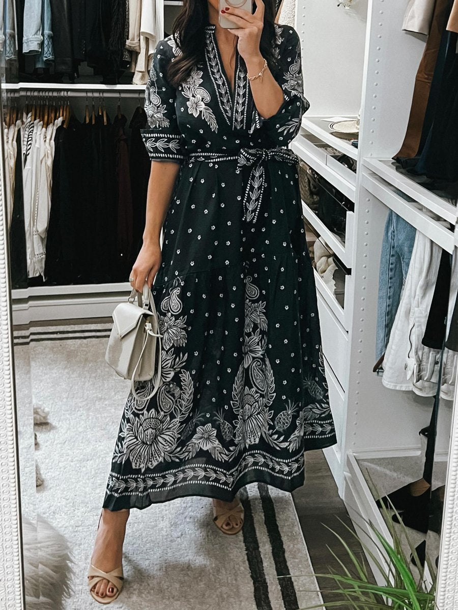 Printed Long Sleeve Lace Up Maxi Dress