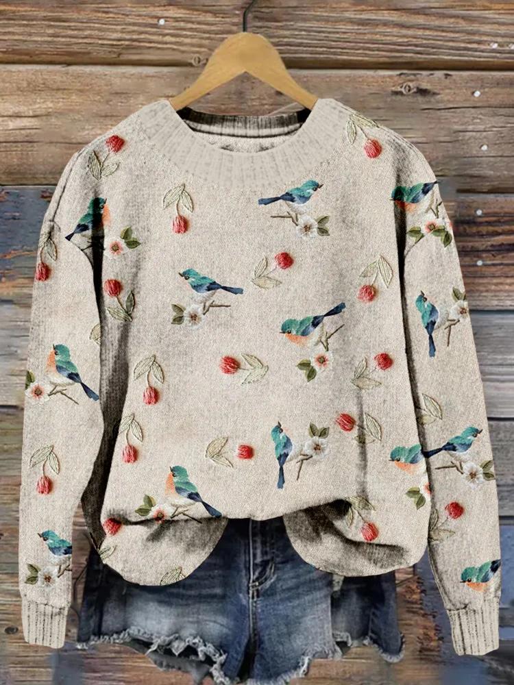 Pull en tricot confortable avec broderie de tulipes et d'oiseaux 