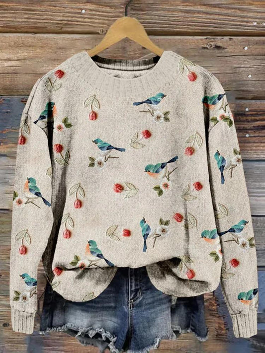 Pull en tricot confortable avec broderie de tulipes et d'oiseaux 