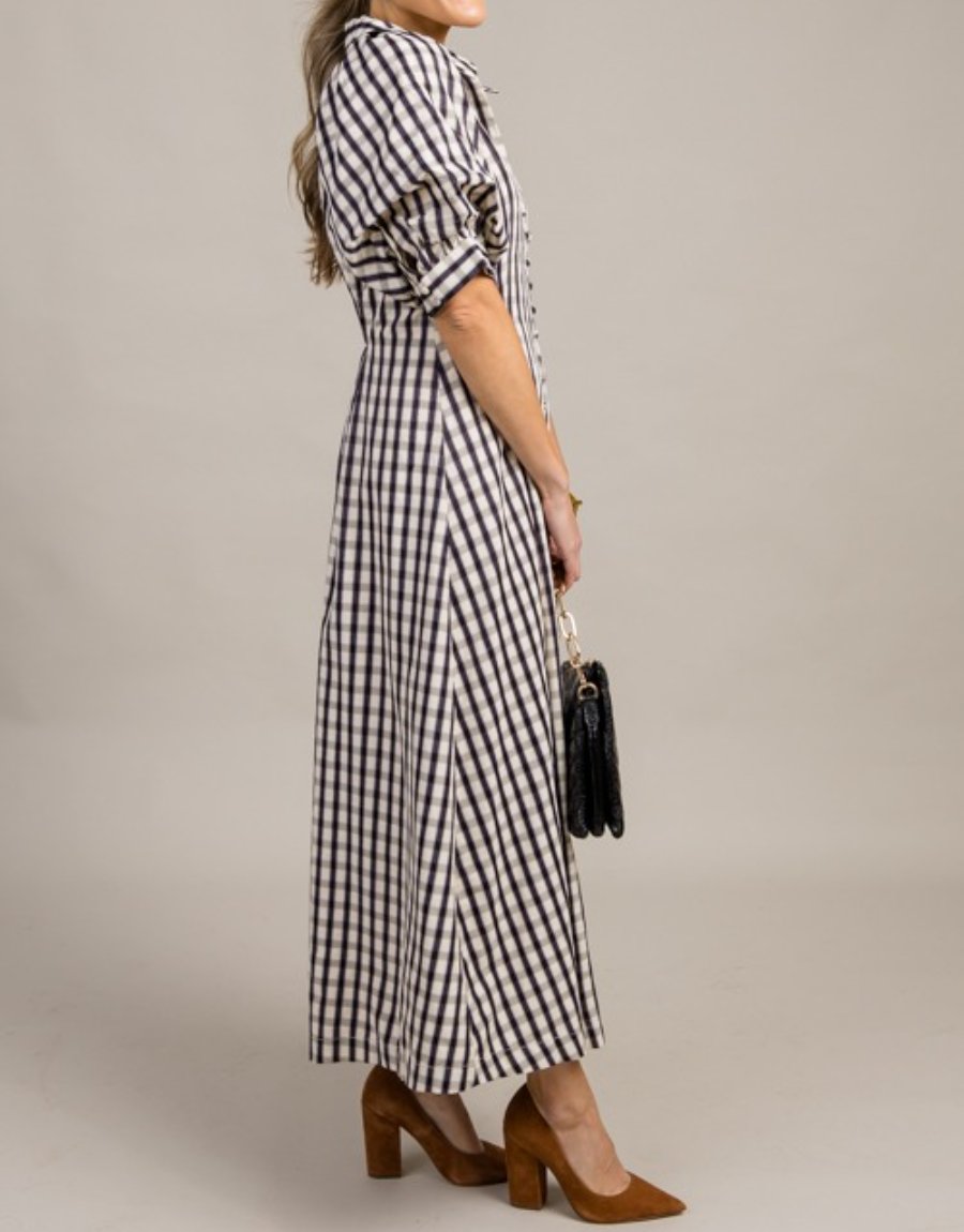 Stylish Gingham Check Button Maxi Dress