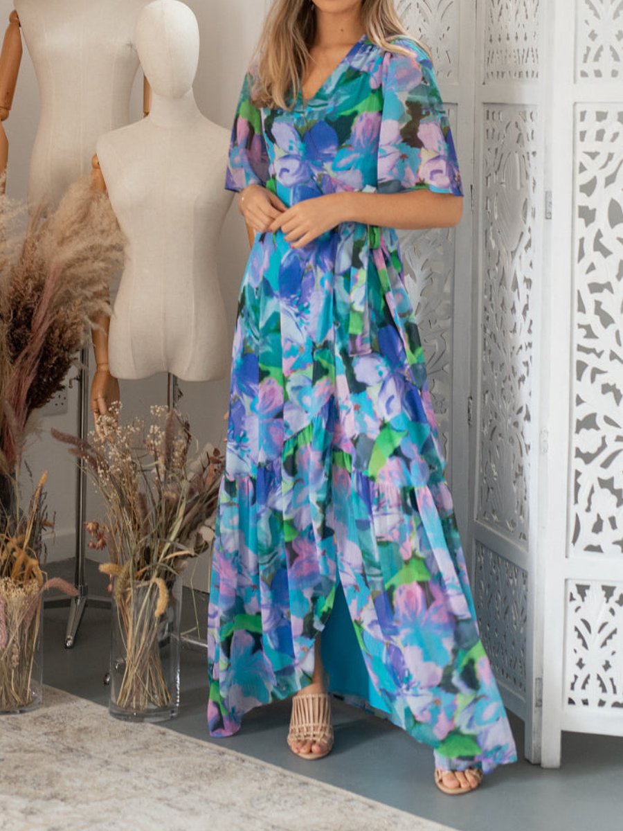 Printed Flutter Sleeve Maxi Wrap Dress