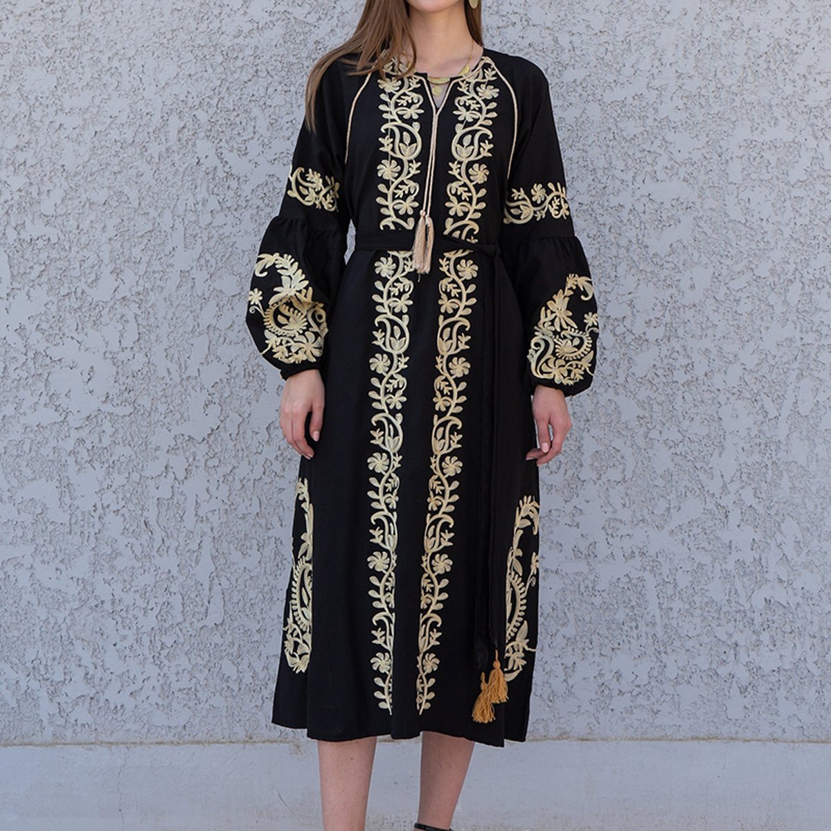 Vintage Notched Neck Long Sleeve Midi Dress