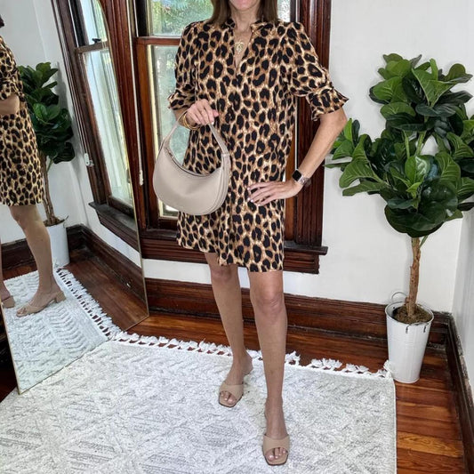 Stylish V-Neck Short Sleeve Leopard Print Mini dress