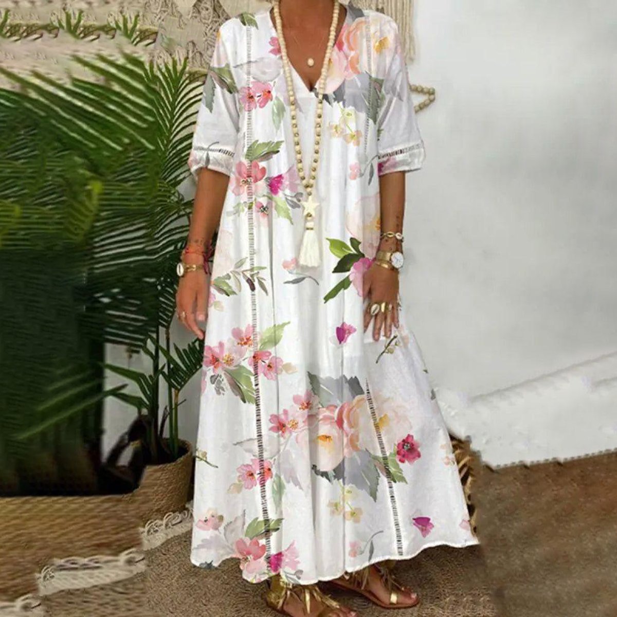 Fresh Floral Print V-Neck Maxi Dress