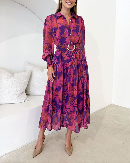 Elegant Magenta Floral Long sleeve Maxi Dress