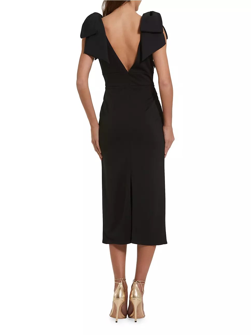 Black Plain V-Neck Long Sleeve Midi Dress