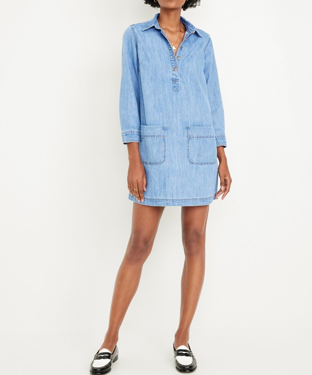 Blue Plain Collared Denim MIni Dress