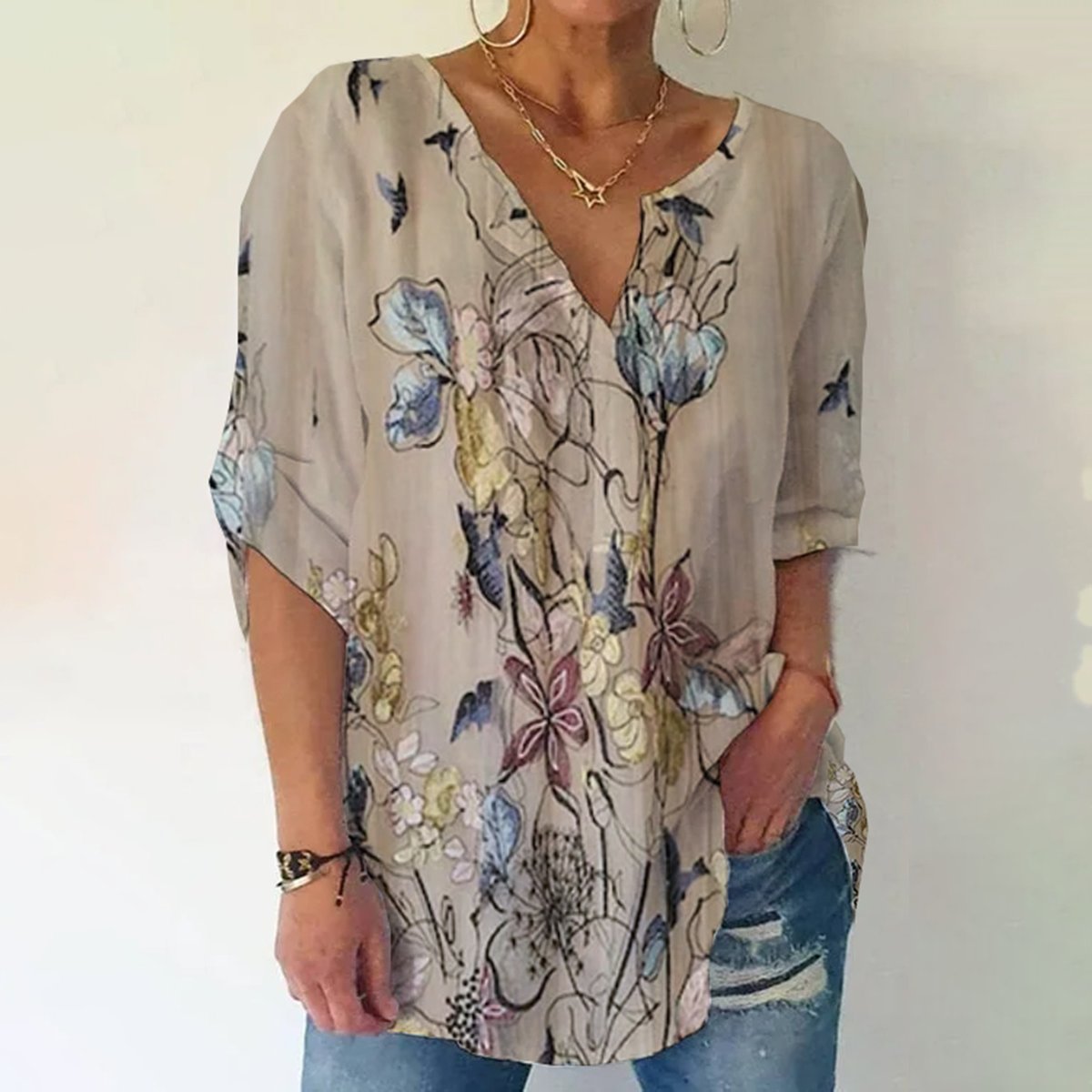 Retro Apricot Plant Print Short Sleeve V-Neck Top