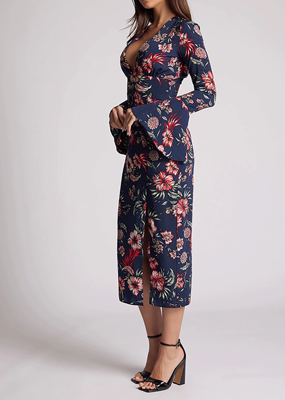 Deep V-neck Navy Floral Midi Dress