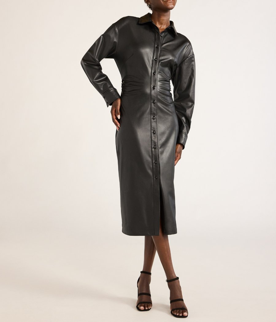 Stylish Faux Leather Side Ruching Midi Dress