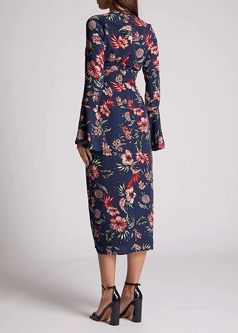 Deep V-neck Navy Floral Midi Dress