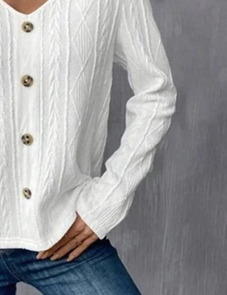 White Plain V-Neck Long Sleeve Top