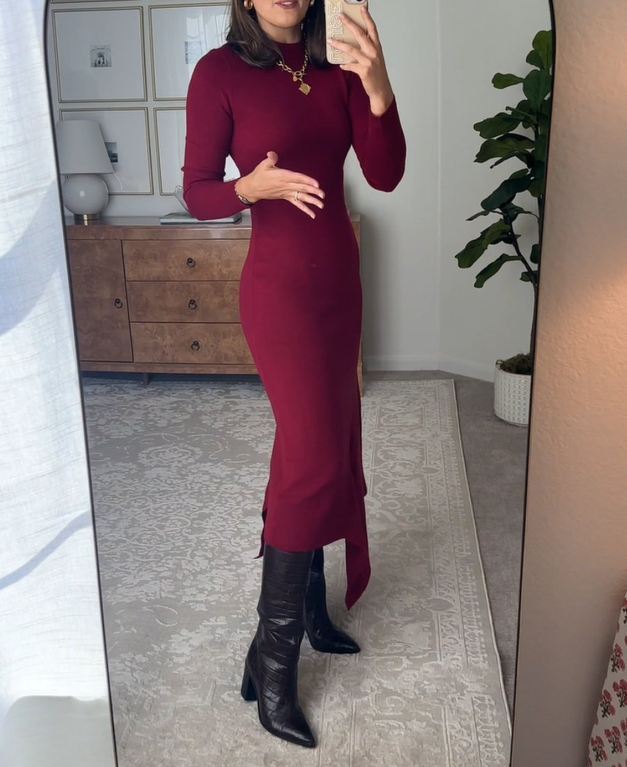 Chic Cropping Wine Long Sleeve Midi Dress