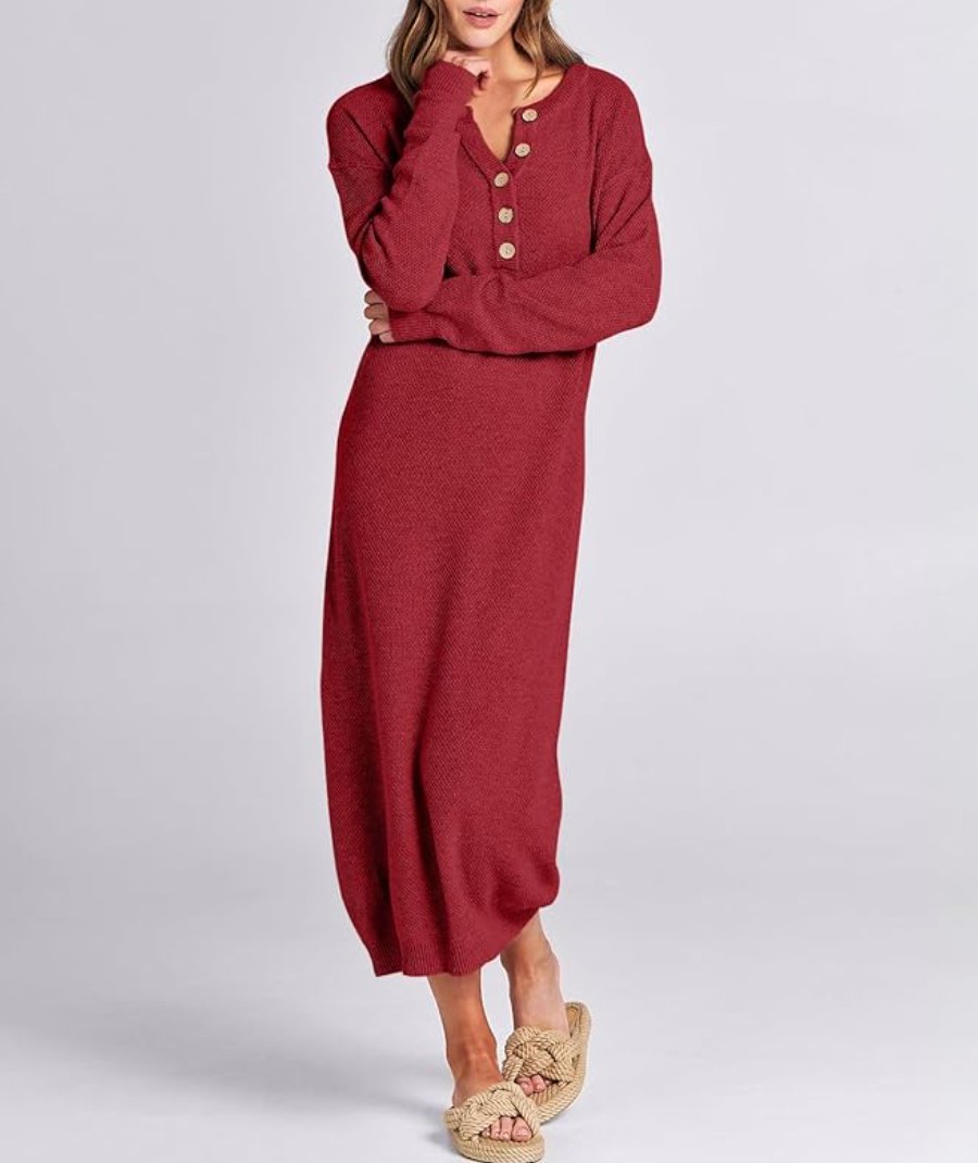 Long Sleeve Button Waffle Knit Fall Dress