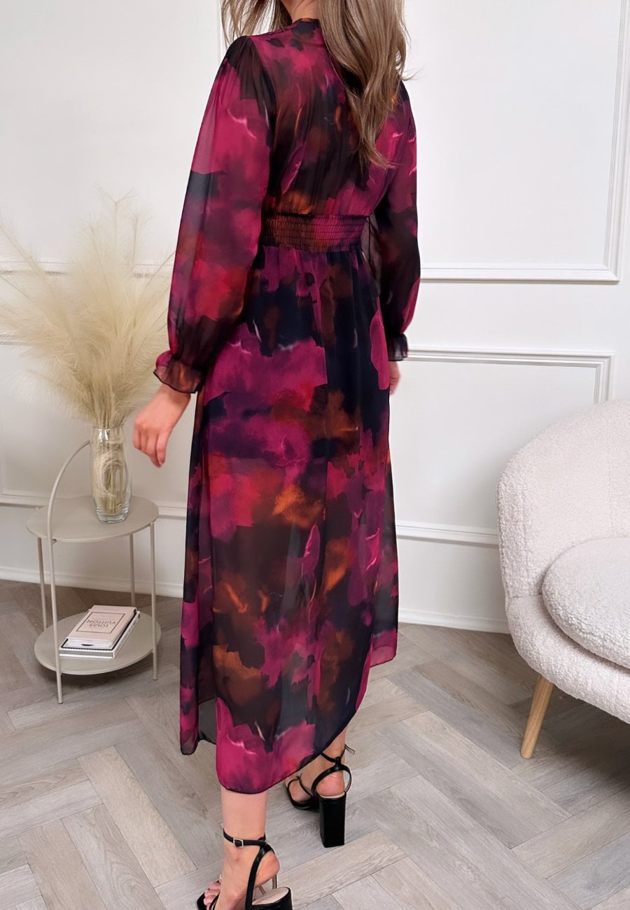 Multi Print Long Sleeve Midi Dress