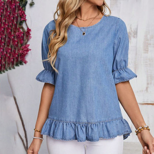 Blue Short Sleeve Round Neck Top