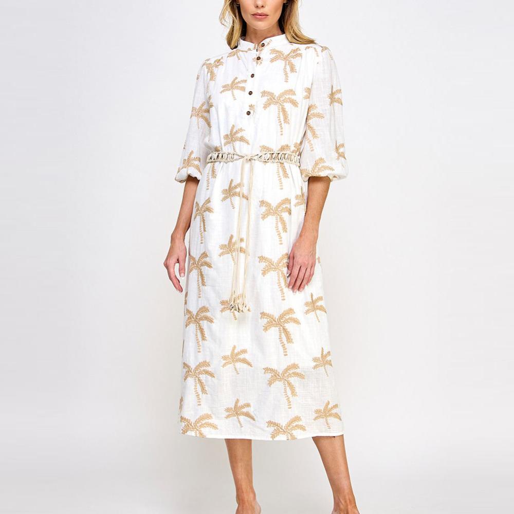 Palms Embroidered Belt Midi Dress