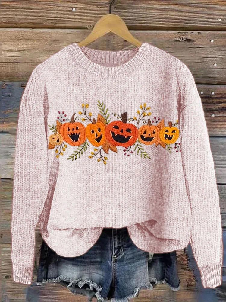 Halloween Pumpkin Embroidery Pattern Knit Sweater