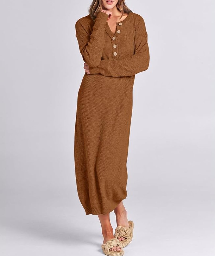 Long Sleeve Button Waffle Knit Fall Dress