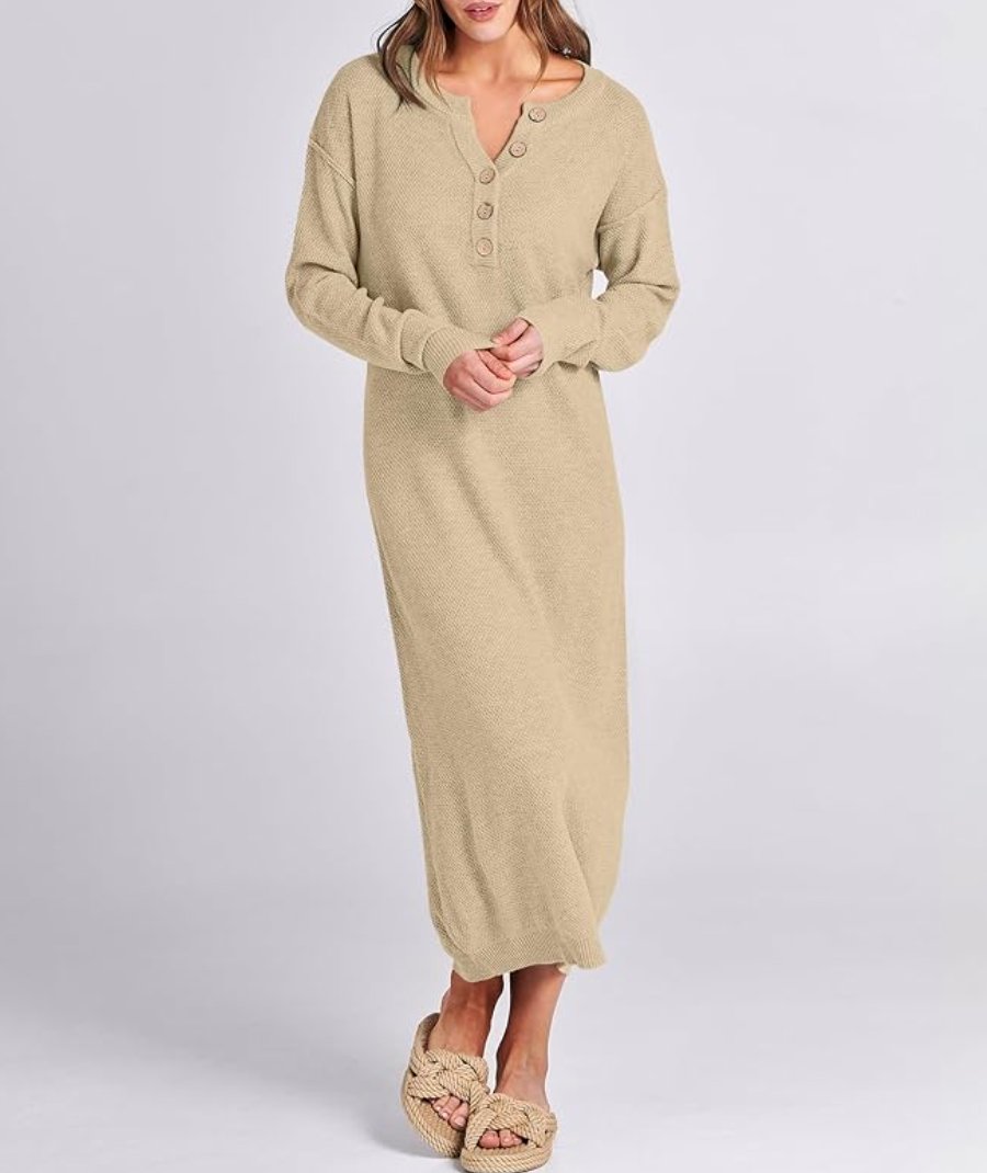 Long Sleeve Button Waffle Knit Fall Dress