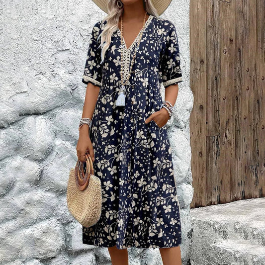 Navy Short Sleeve V-Neck Midi Dress