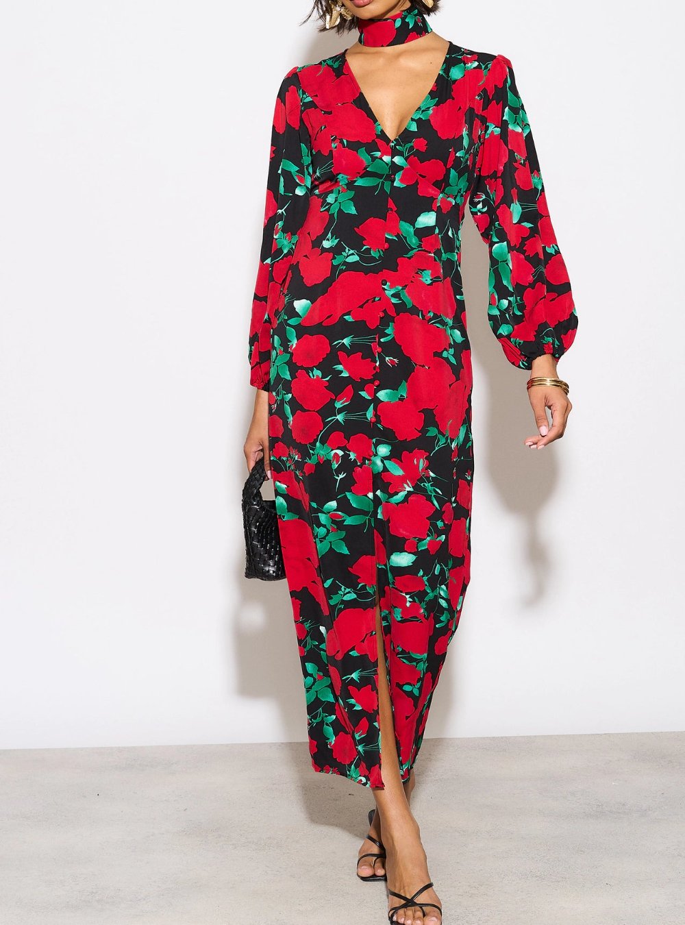 Red Floral V Neck Button Maxi Dress