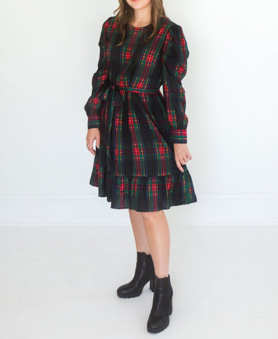 Unique Plaid Print Long Sleeve Mini Dress