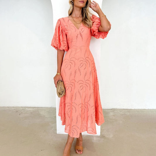 Orange Plain Short Sleeve Maxi Dress