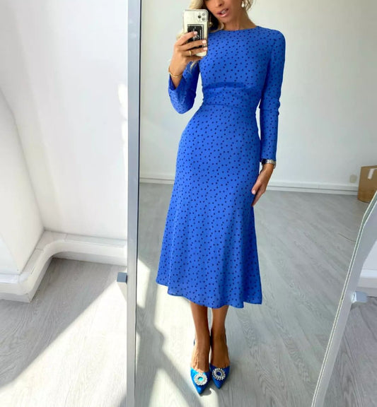 Blue Long sleeve Round Neck Midi Dress