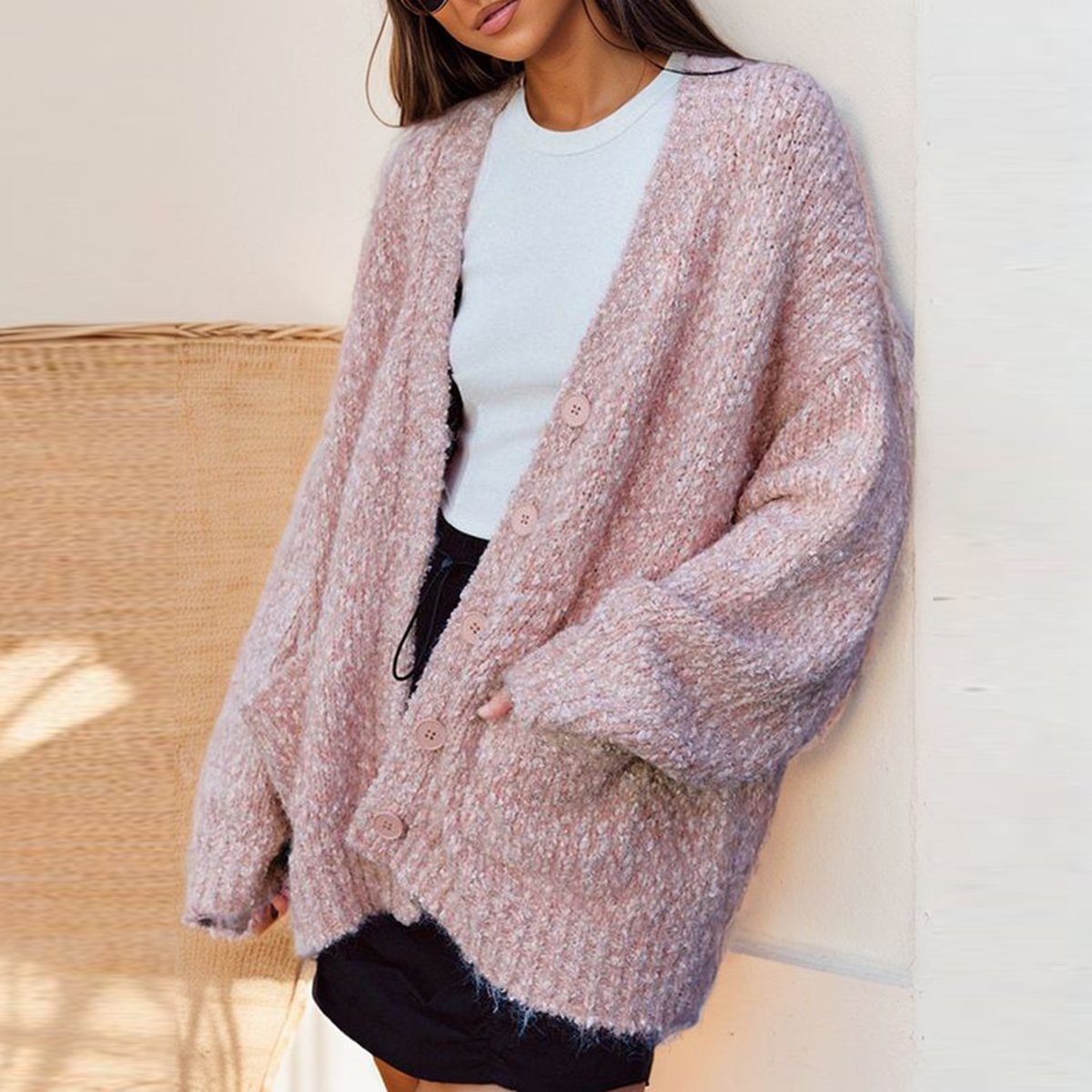 Soft Plain Pink Collarless Cardigan