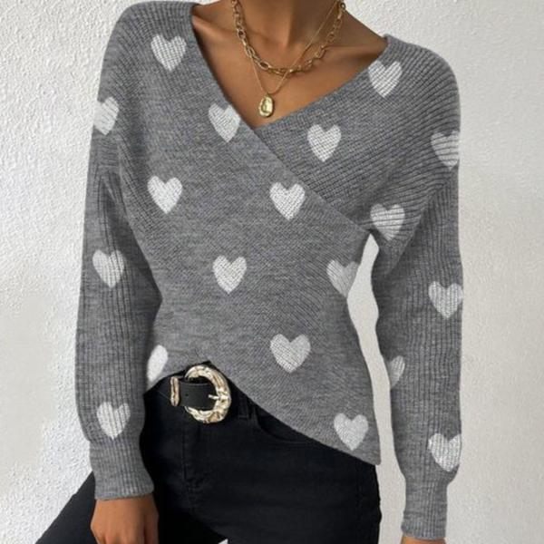 Grey Heart Print V-Neck Sweater