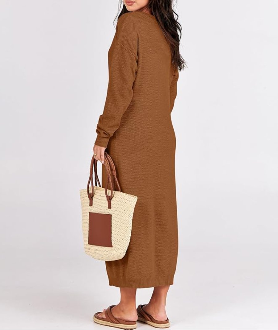 Long Sleeve Button Waffle Knit Fall Dress