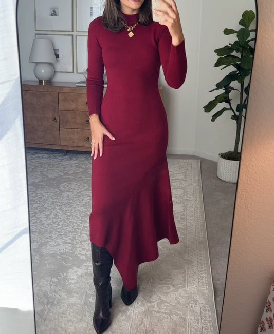 Chic Cropping Wine Long Sleeve Midi Dress