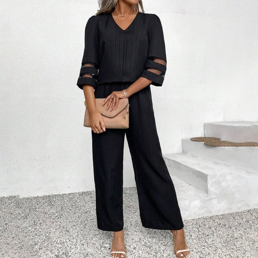 Black Plain 3/4 Sleeve V-Neck Two Piece Set