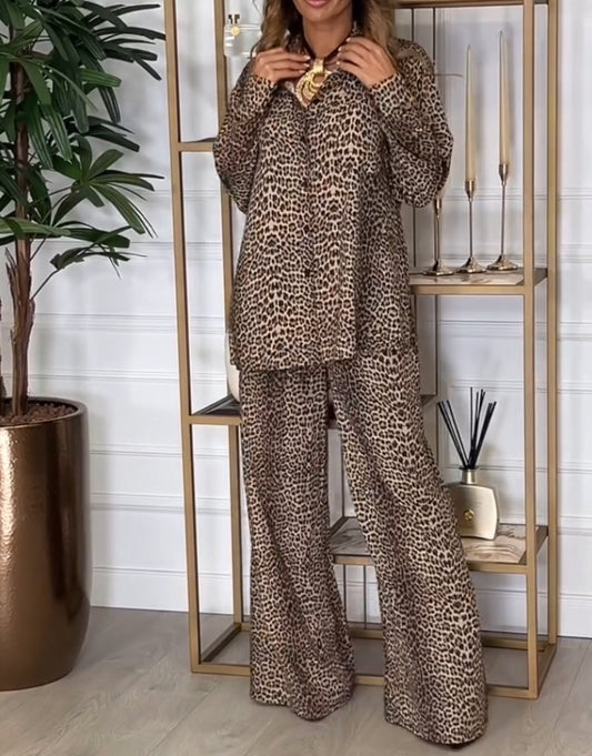 Wild Long Sleeve Leopard Two Piece Set