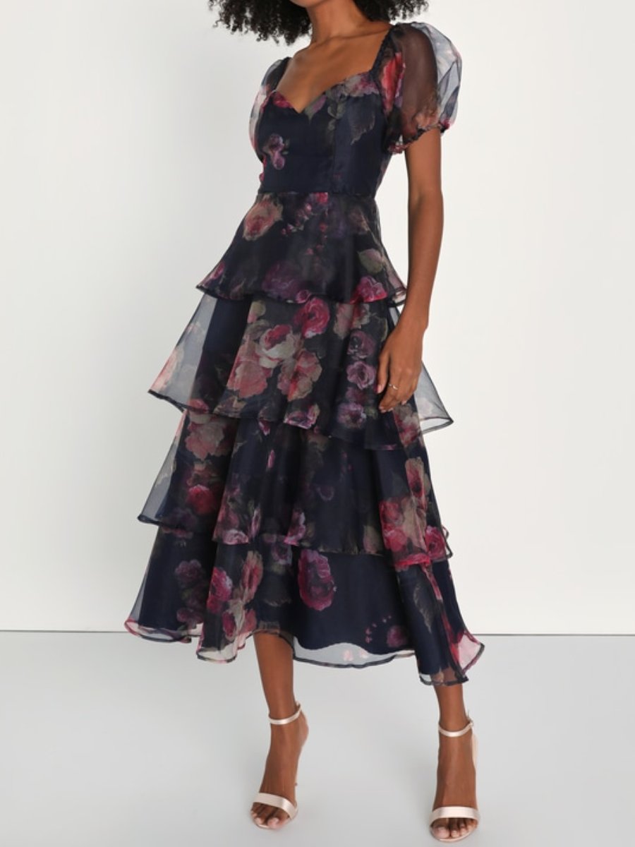 Chic Navy Fall Floral Party Maxi Dress